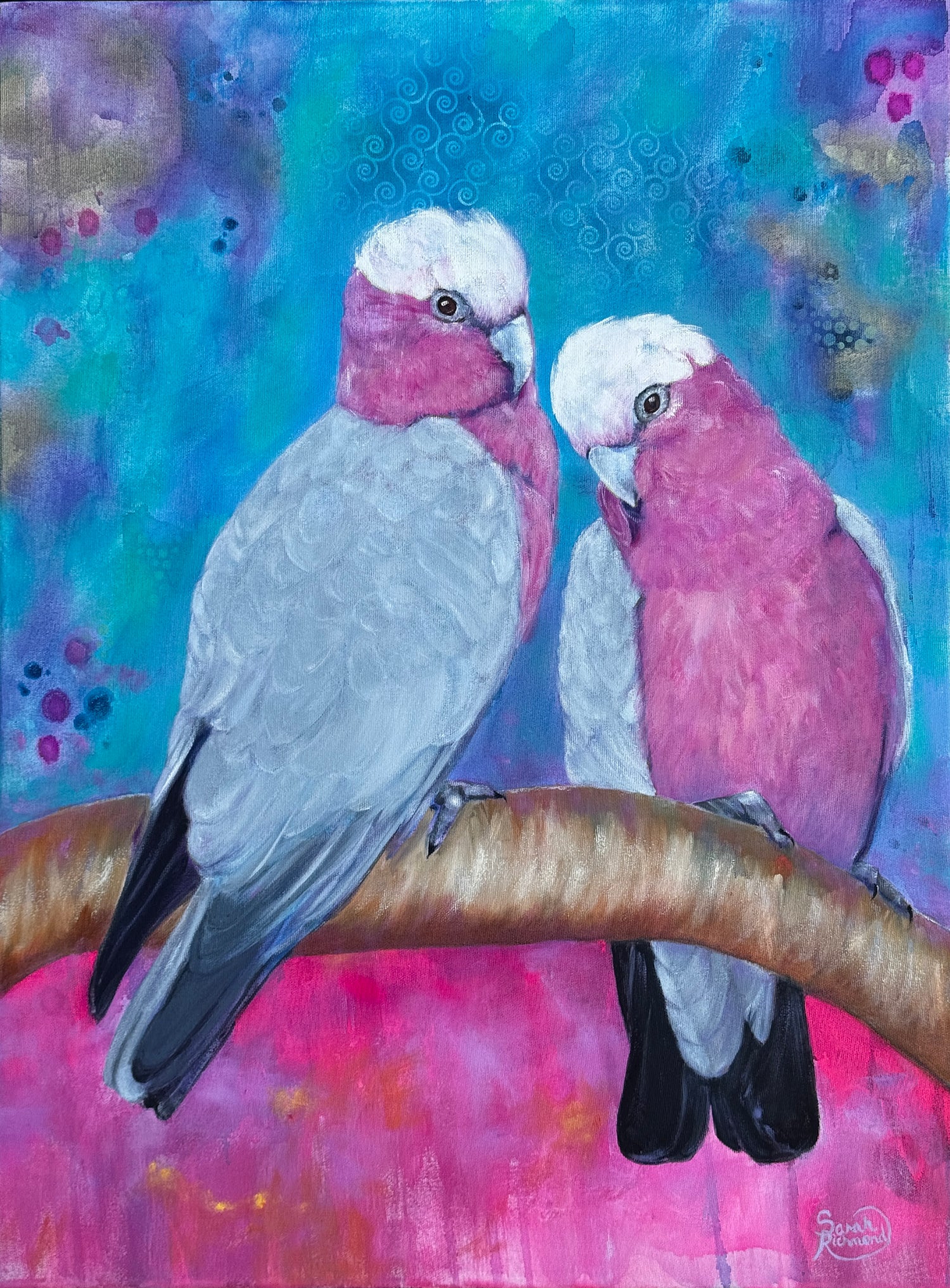 Colourful Abstract Realism painting of two galahs who are mates for life