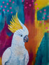 Colourful Abstract Realism painting of Sulphur Crested cockatoo on colourful abstract background.