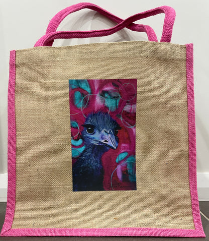 Jute tote bag with pink handles and trim with abstract realism print of emu with pink and green backgriound.