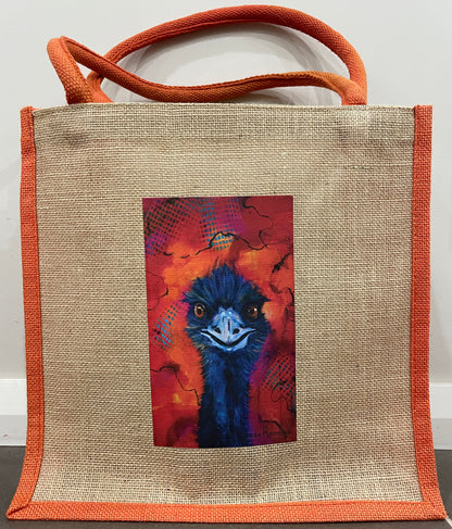 Printed Jute Bag - Orange with Emu