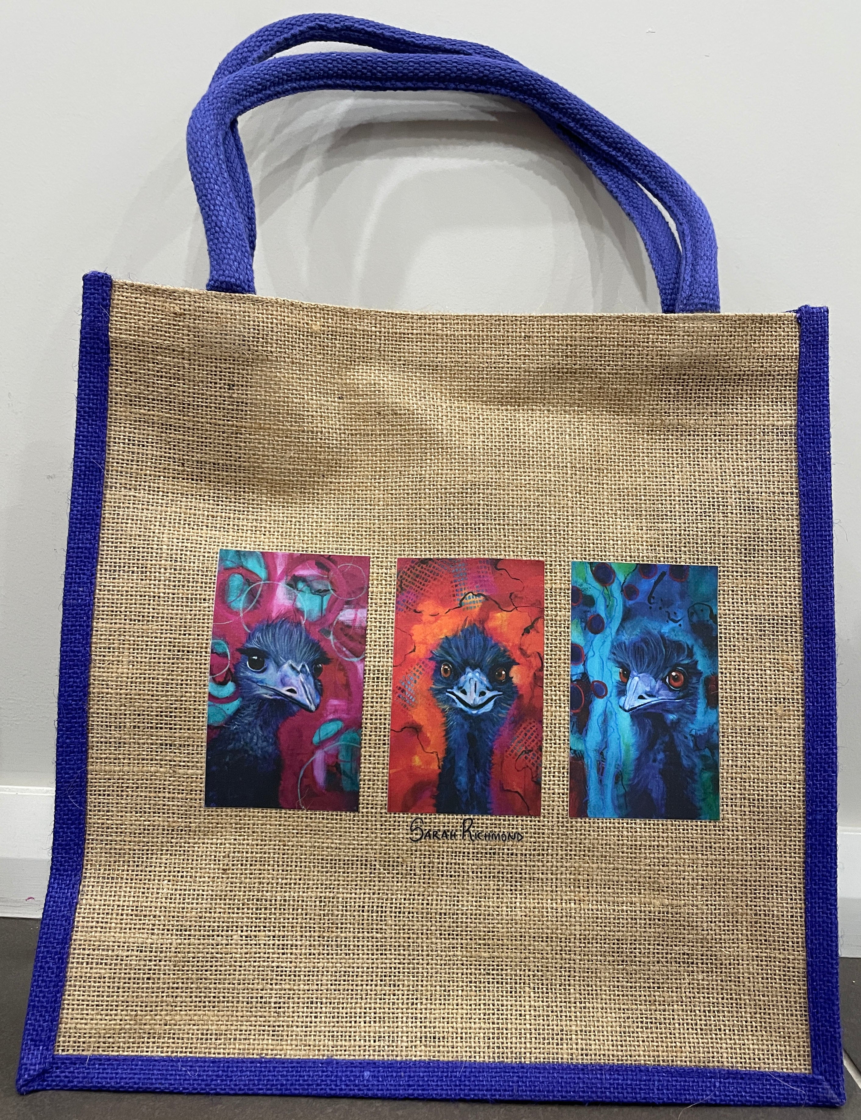 Printed Jute Bag - Purple with 3 Emus