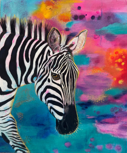 Mixed media Zebra painting with abstract colourful background