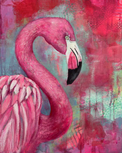 Colourful Mixed media painting of a flamingo with a colourful abstract background