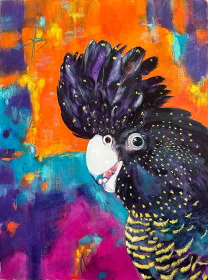 Colouful Mixed media painting of a black cockatoo with an abstract background
