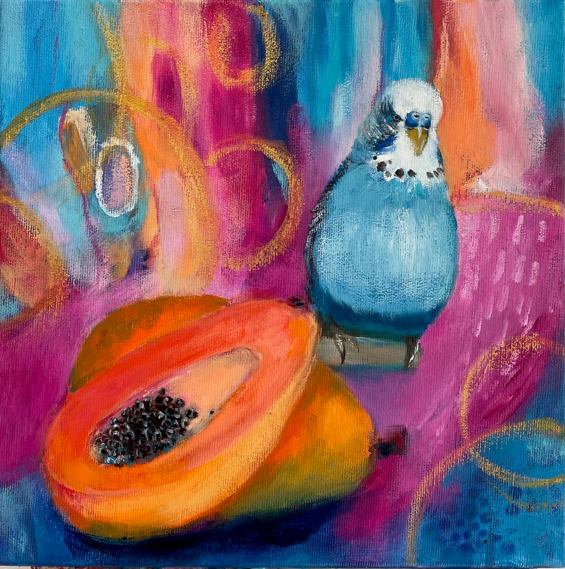 Colourful mixed media painting of blue budgie with papaya on colourful abstract background