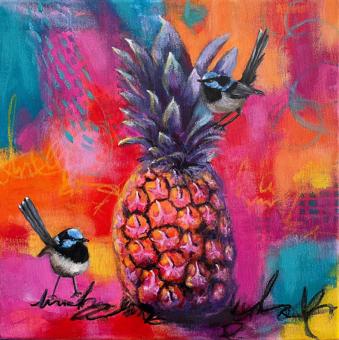 Colourful Mixed Media painting of blue wrens with pineapple