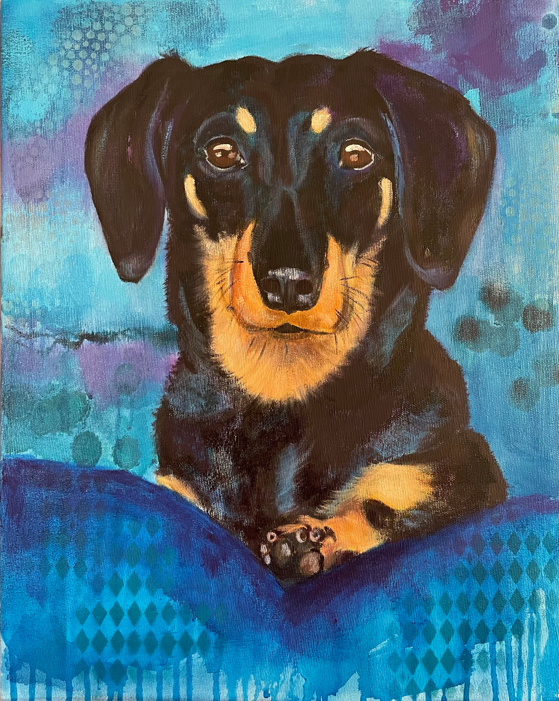 Mixed Media painting of Daschund on abstract background.