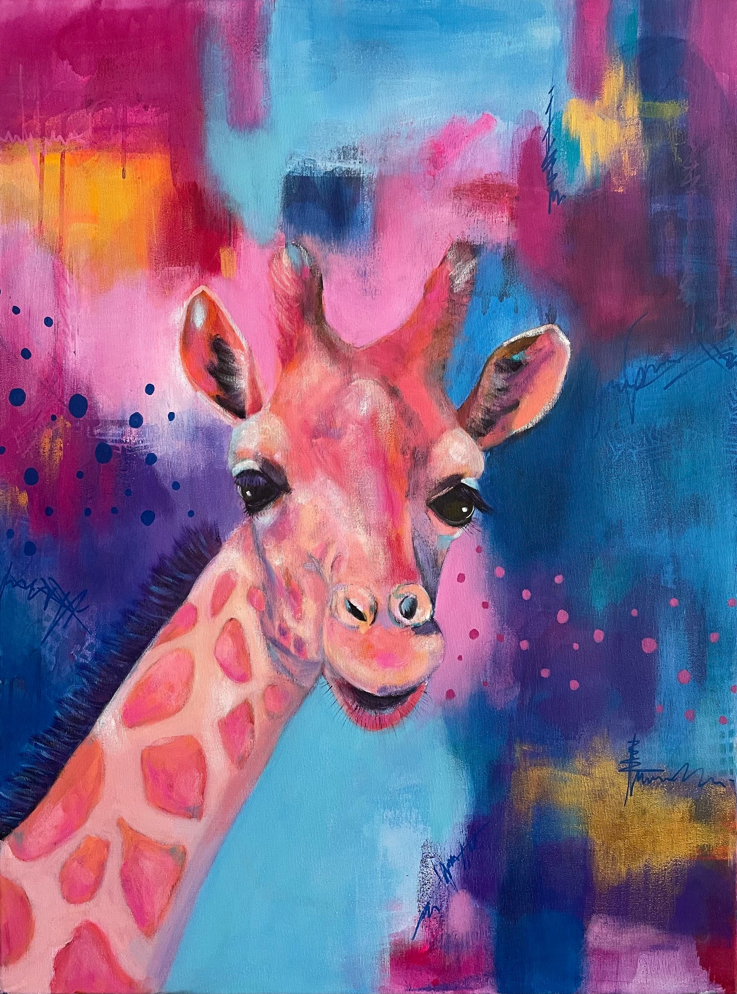 Colourful Mixed media painting of a giraffe on an abstract background.