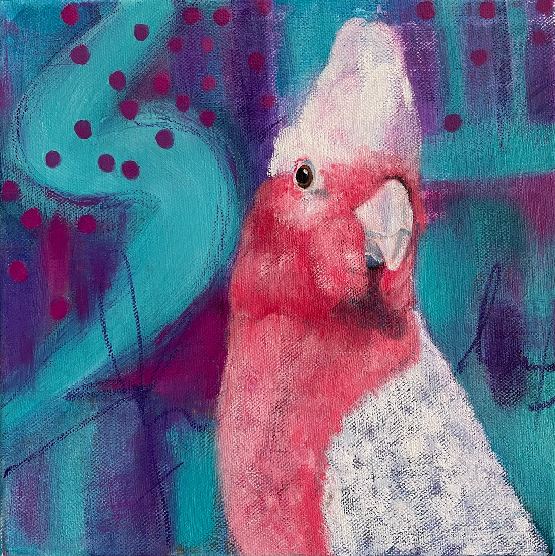 Colourful Mixed Media painting of galah with an abstract background.