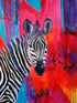 Colourful painting of Zebra in a graffiti style mixed media background.