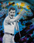 Painting of Freddie Mercury on Stage with colourful abstract background.