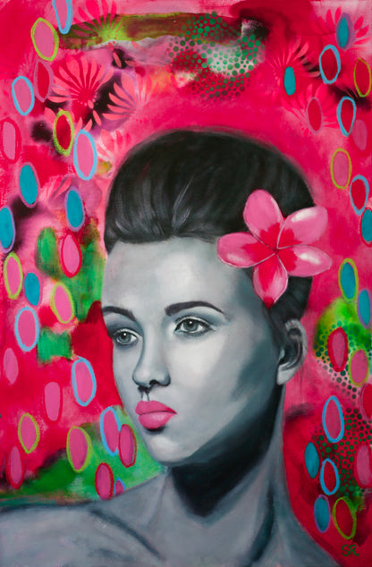 Abstract Realism portrait of a female in greyscale tones, with bright colourful abstract background.