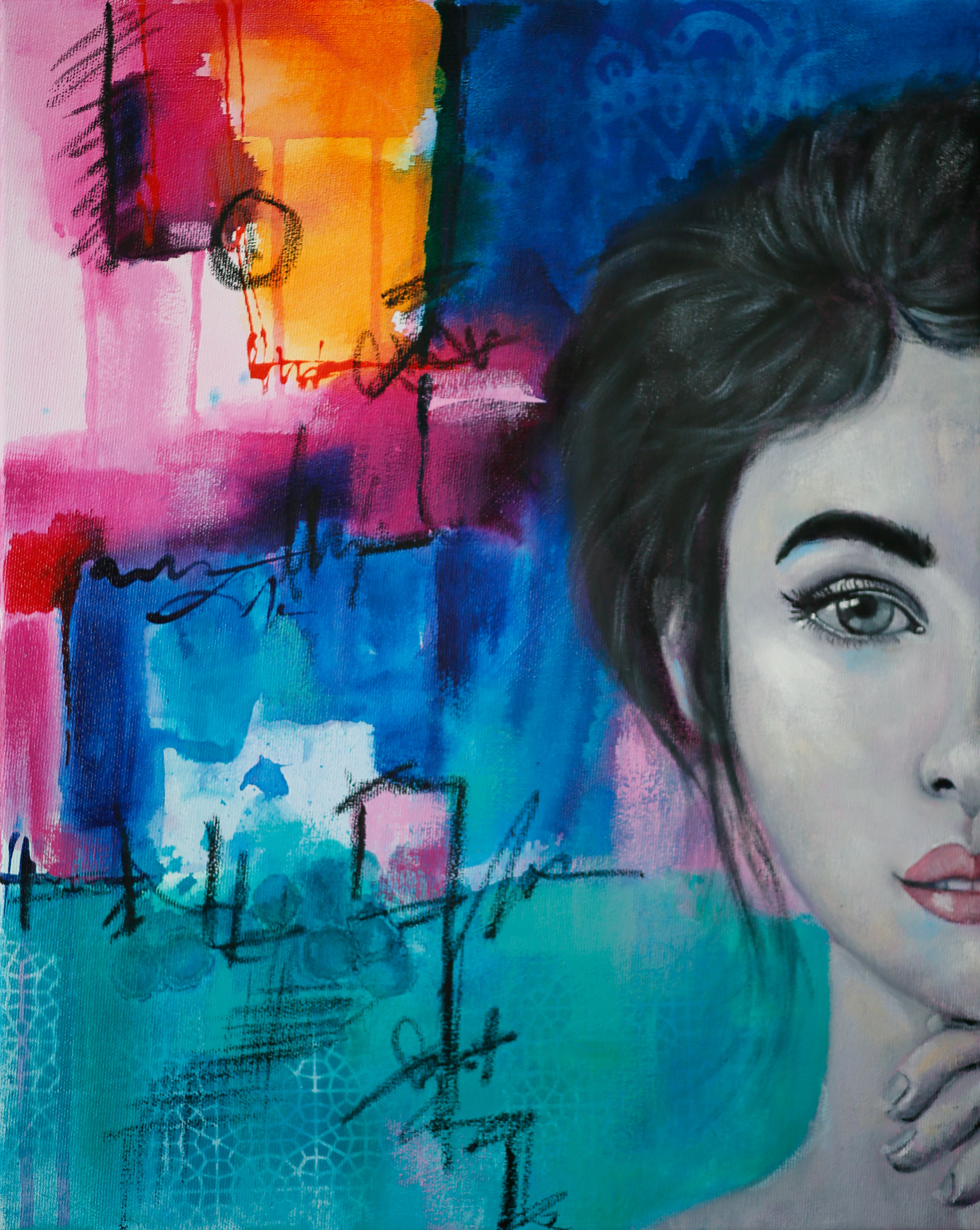 Colourful Abstract Realism Portrait in greyscale tones on colourful abstract bacground.