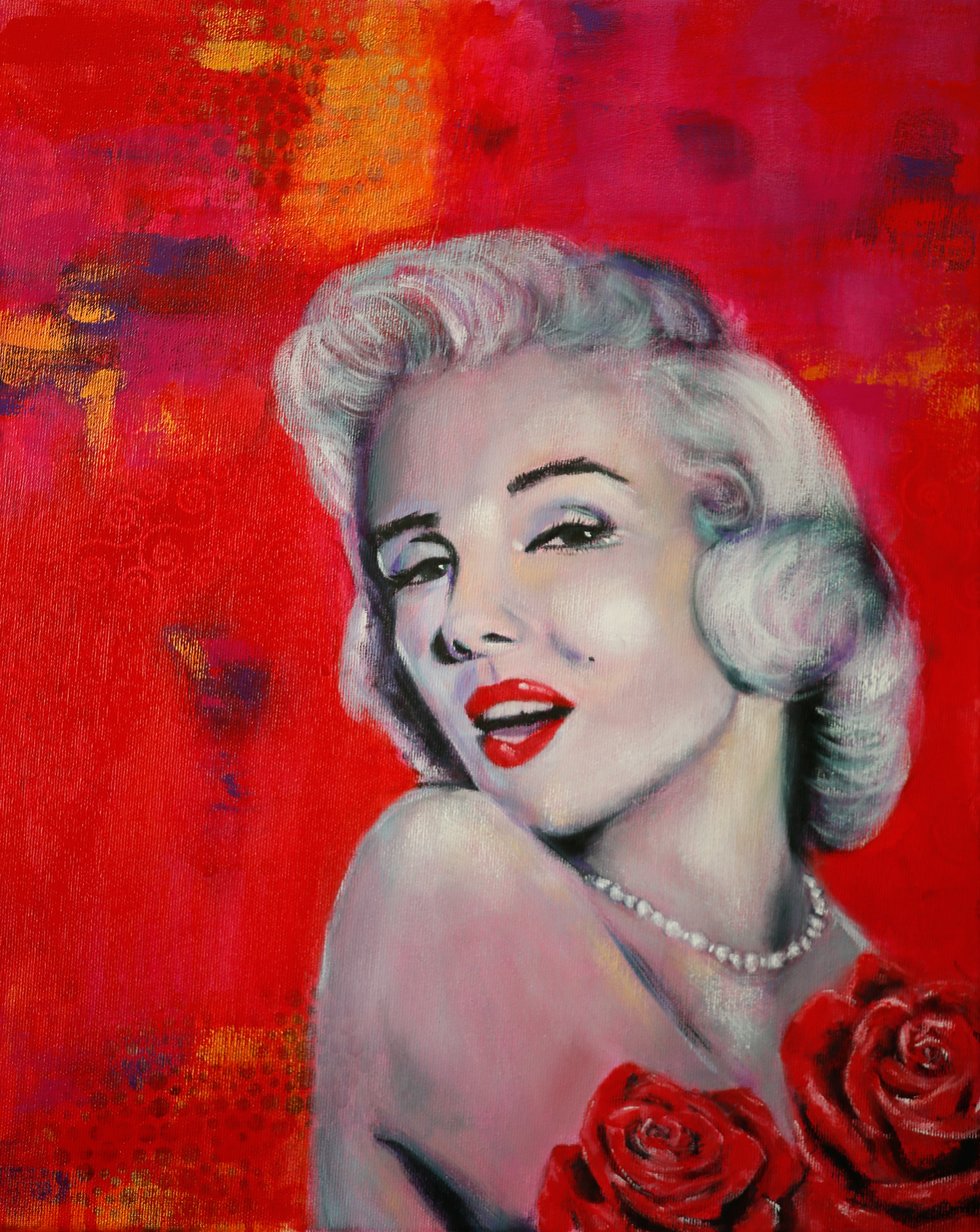 Mixed Media Painting of Marilyn Monroe on abstract predominantly red background