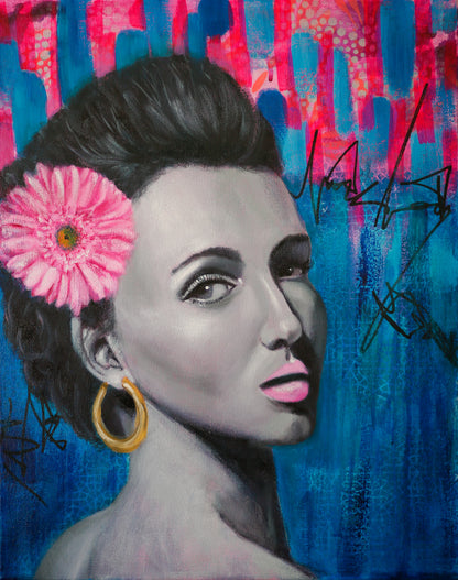 Mixed media portrait of a female with a gerbera in her hair on a blue and pink abstract background. 