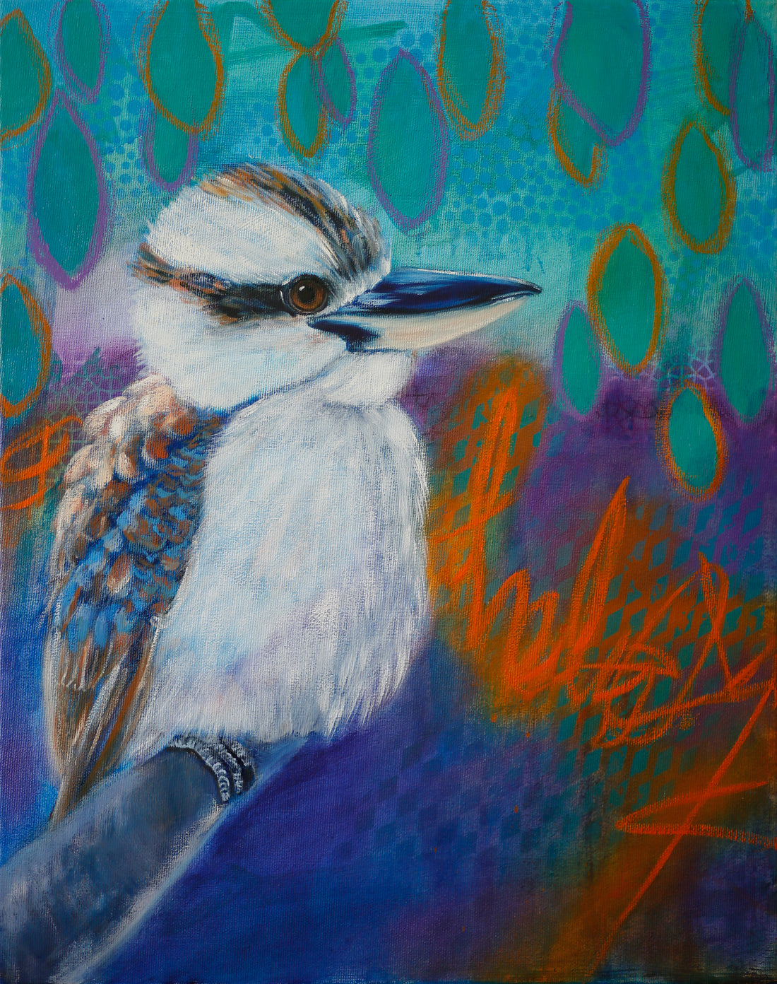 Colourful Mixed media painting of a kookaburra with an abstract background in blues, greens and orange.