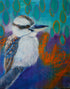 Colourful Mixed media painting of a kookaburra with an abstract background in blues, greens and orange.