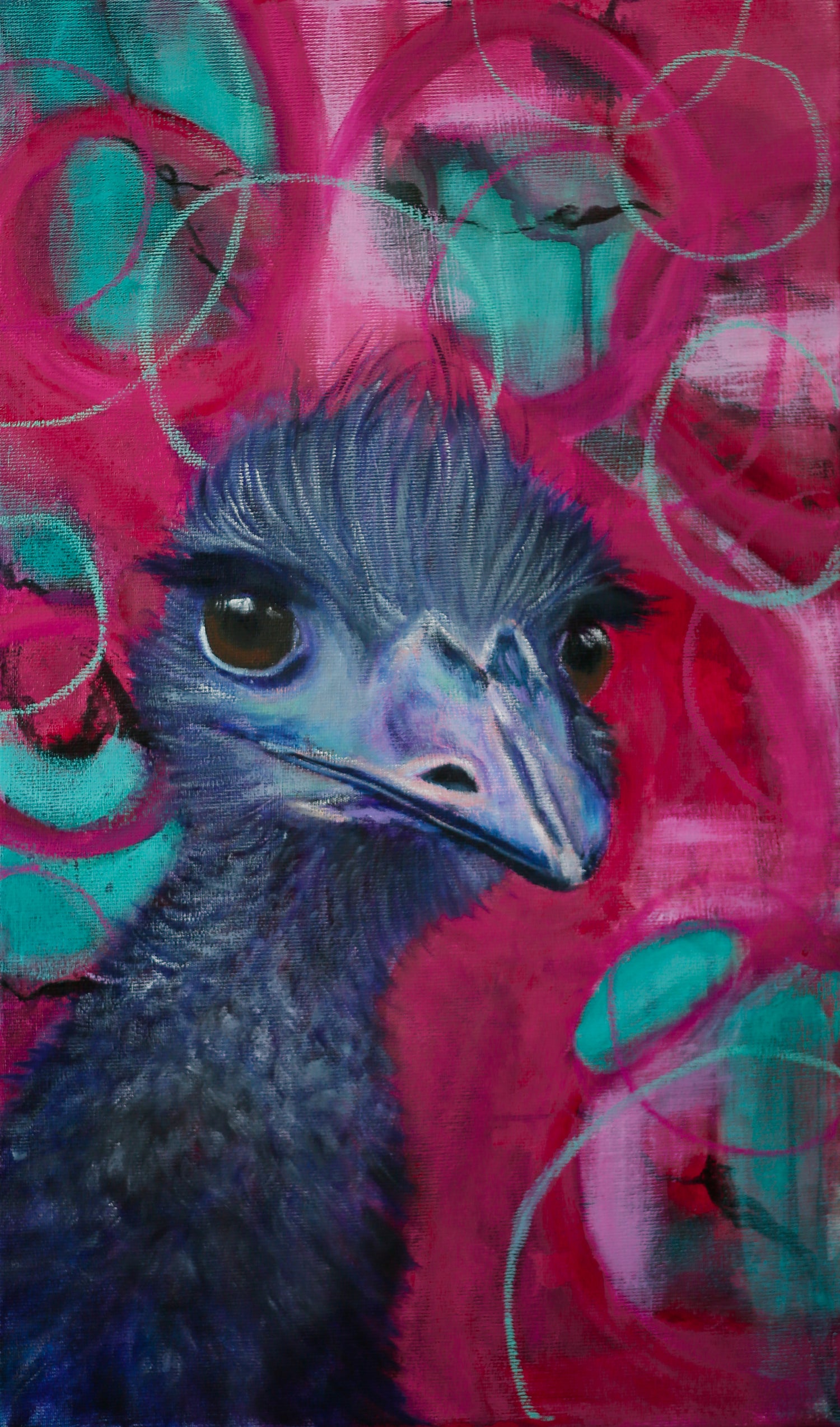 Colourful Mixed Media painting of Emu on abstract green and pink Background.