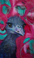 Colourful Mixed Media painting of Emu on abstract green and pink Background.