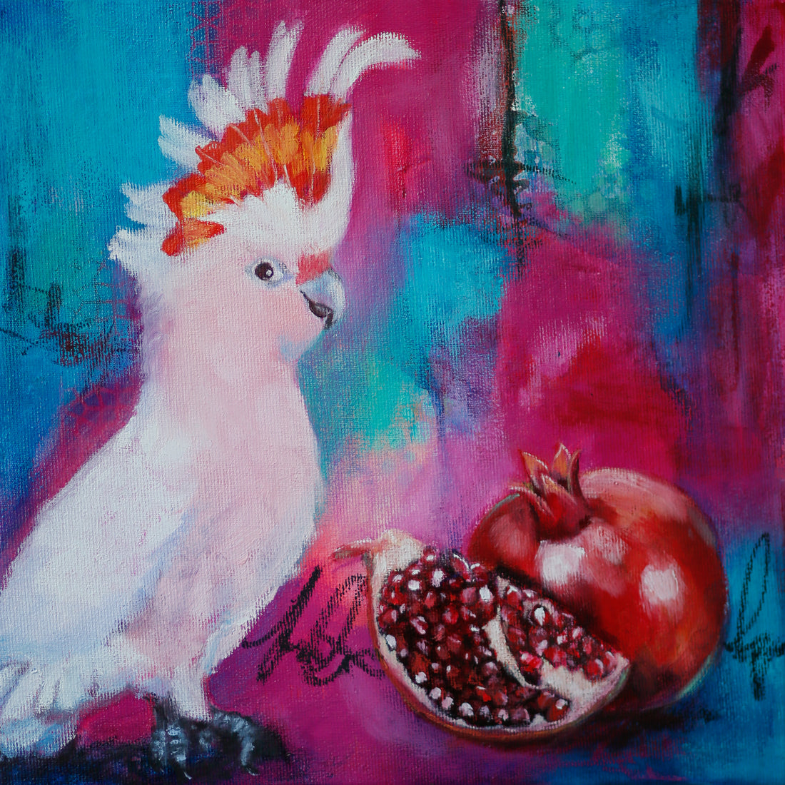 Colourful mixed media painting of Major Mitchell Cockatoo with a pomegranite on an abstract background.