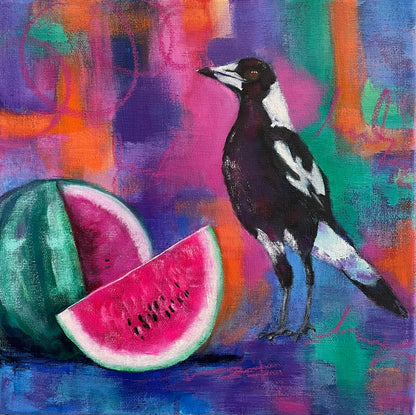 Colourful Mixed media painting of a magpie with a watermelon and a colourful background