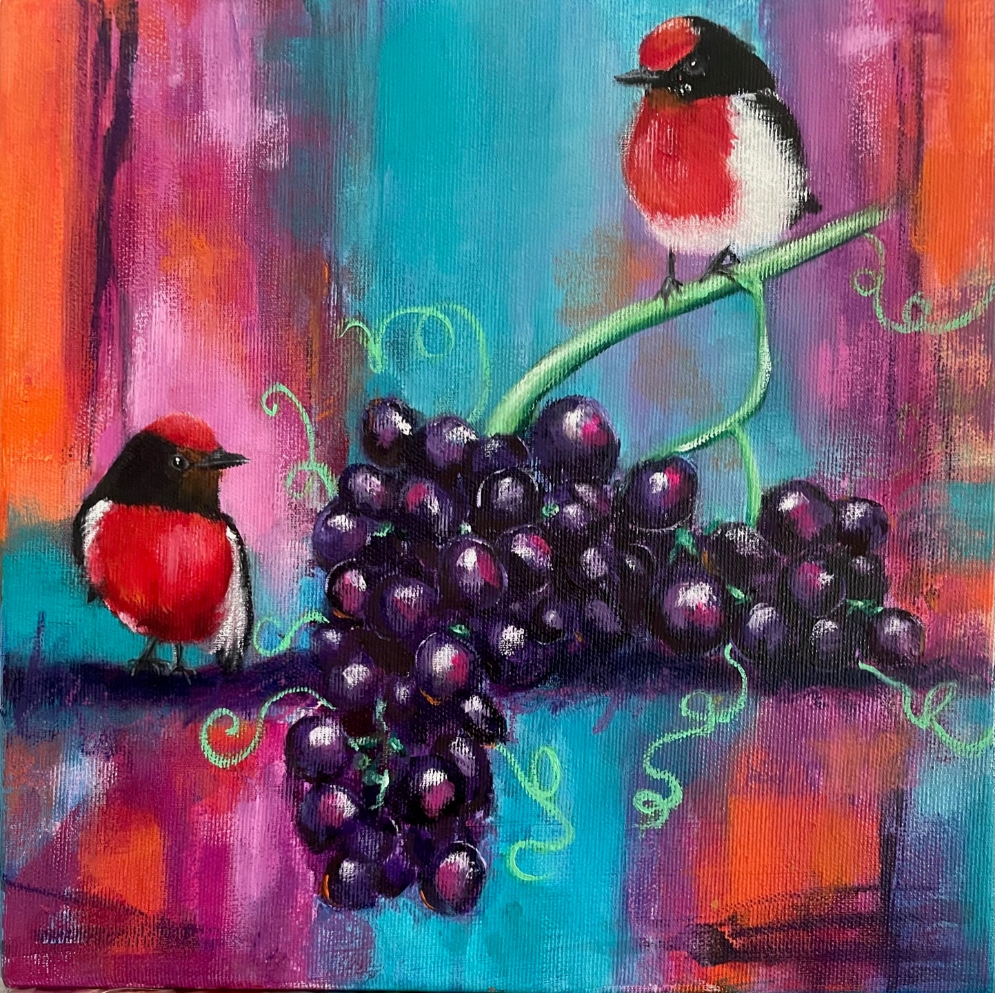 Colourful Mixed media painting of red robins and a bunch of red grapes on colourful abstract background.