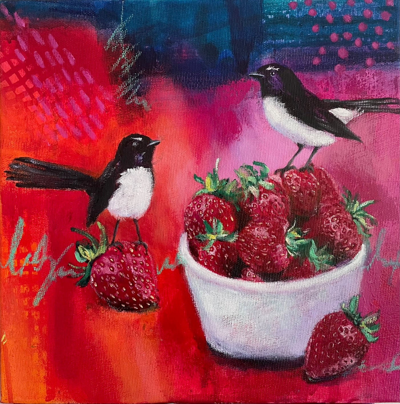 Colourful Abstract Realism painting of willie Wagtails and a bowl of strawberries on abstract background.